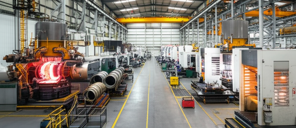 Advanced aerospace manufacturing facility with precision forging equipment and aircraft components