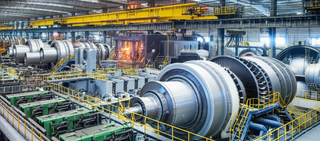 Energy sector manufacturing facility with turbine components and power generation equipment