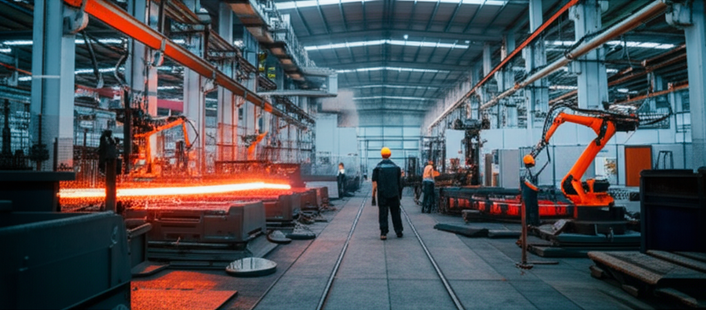 Modern manufacturing forging shop with automated robotic systems and precision equipment